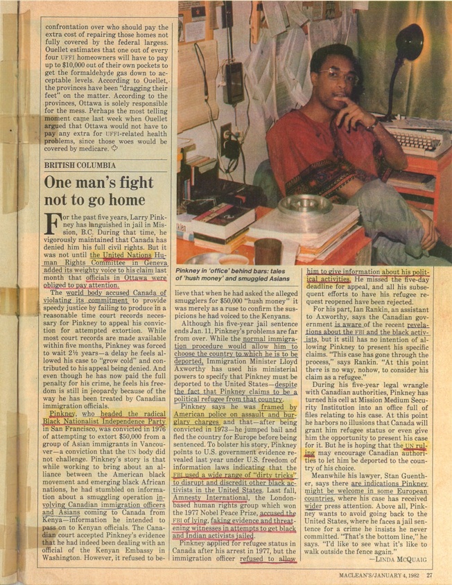 Image of 1982 Maclean's article entitled 'One man's fight not to go home.'