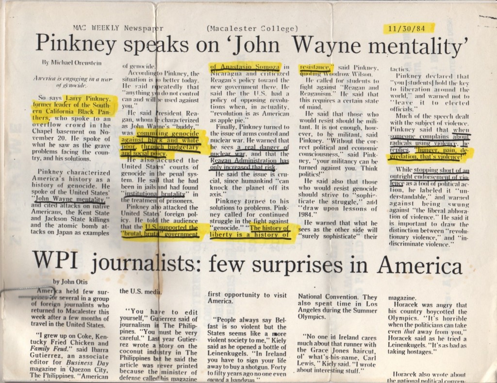 Image of 1984 Mac Weekly Newspaper article entitled 'Pinkney speaks on 'John Wayne mentality'