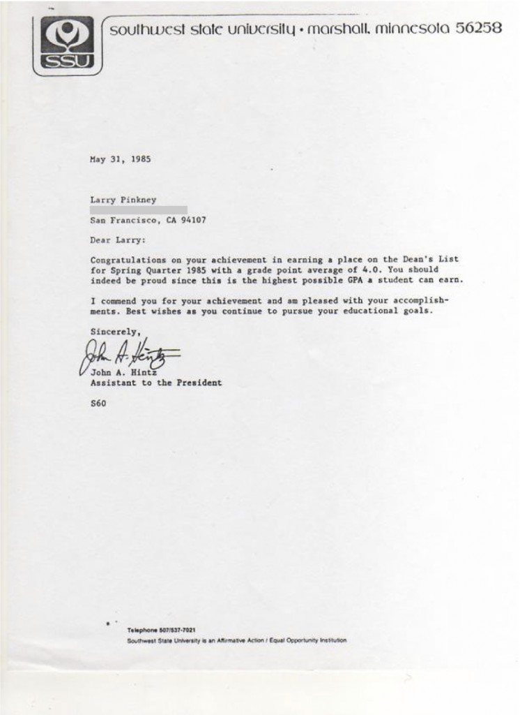 Letter to Larry Pinkney regarding earning a place on the SSU Dean's List for Spring 1985