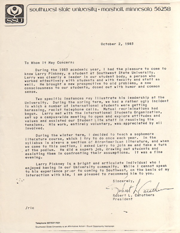 10/2/1985 Letter of Recommendation from SSU President Robert L. Carothers