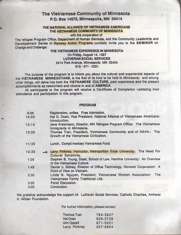 The Vietnamese Experience in Minnesota August 14, 1987 seminar flyer