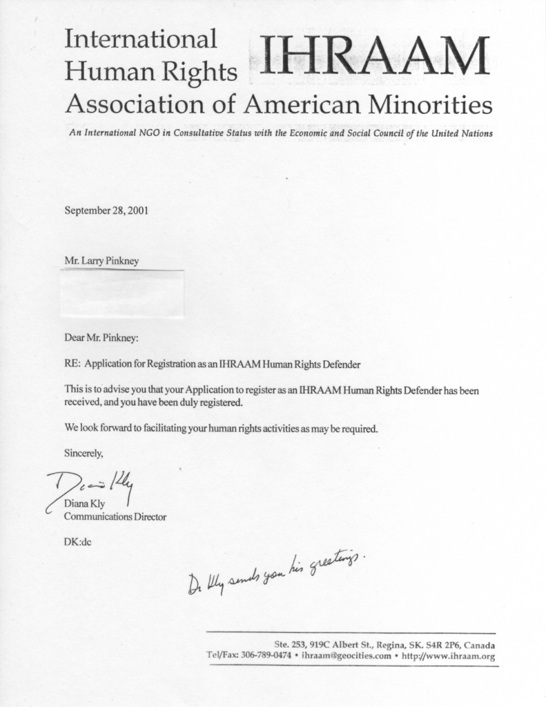 2001 letter from IRHAAM to Larry Pinkney