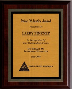 Picture of Larry Pinkney's Voice of Justice Award plaque