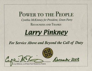 Photo of Cynthia McKinney/Green Party Award given to Larry Pinkney