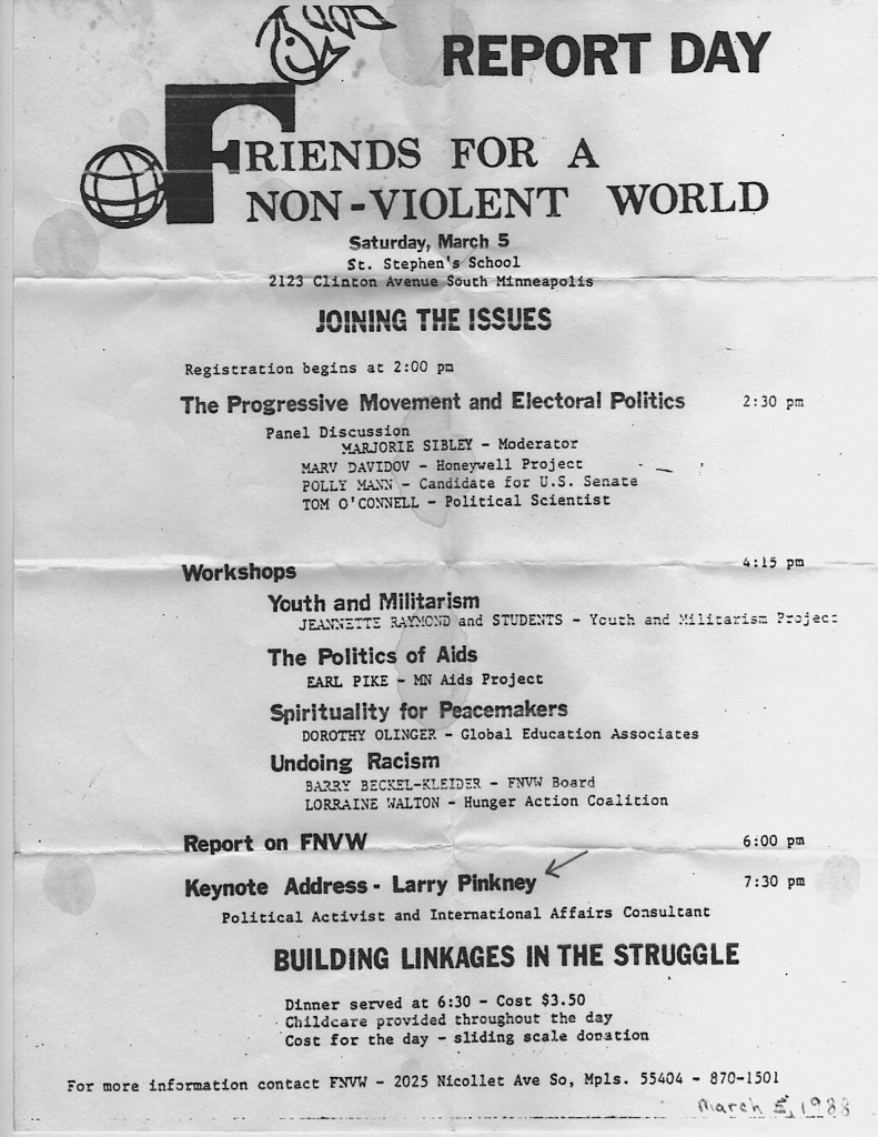 Poster/flyer of 1988 Friends for a Non-Violent World Report Day conference