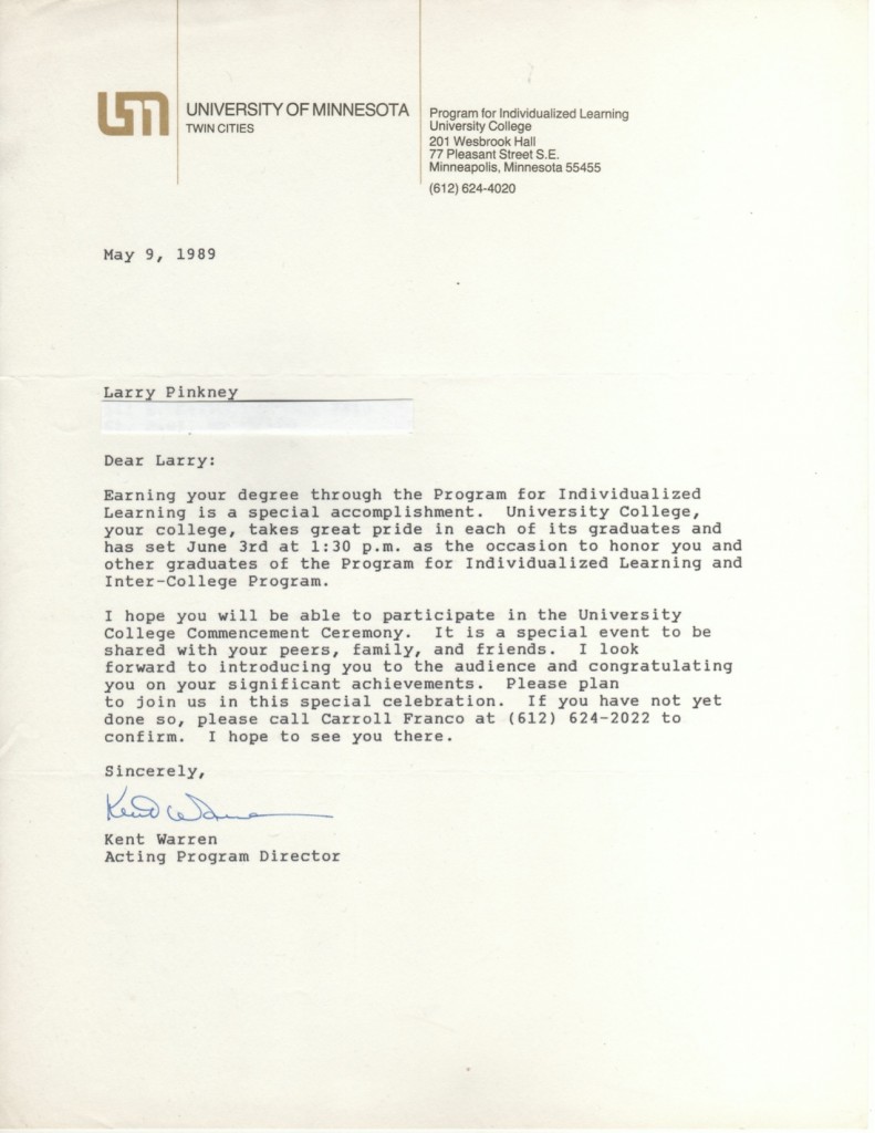 Letter to Larry Pinkney about June 3, 1989 University College Commencement Ceremony