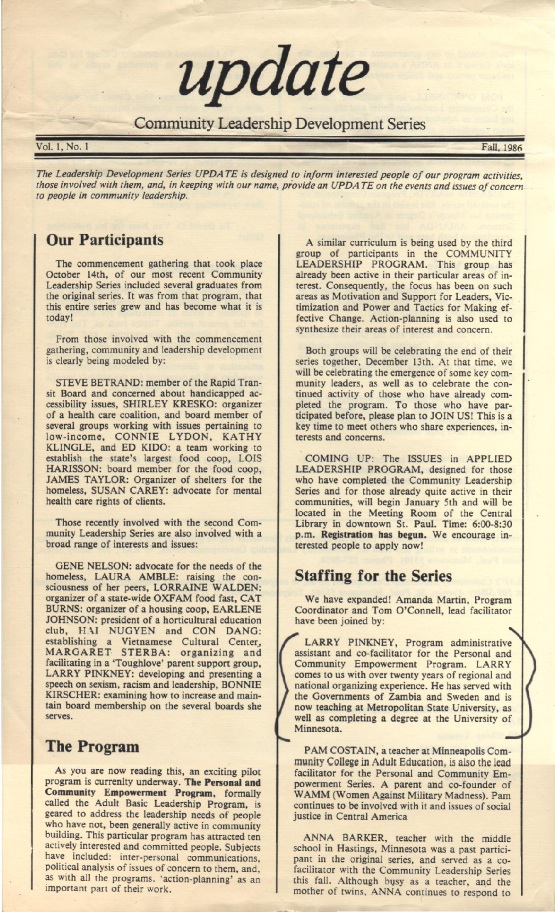 Image of Fall 1986 Community Leadership Development Series newsletter