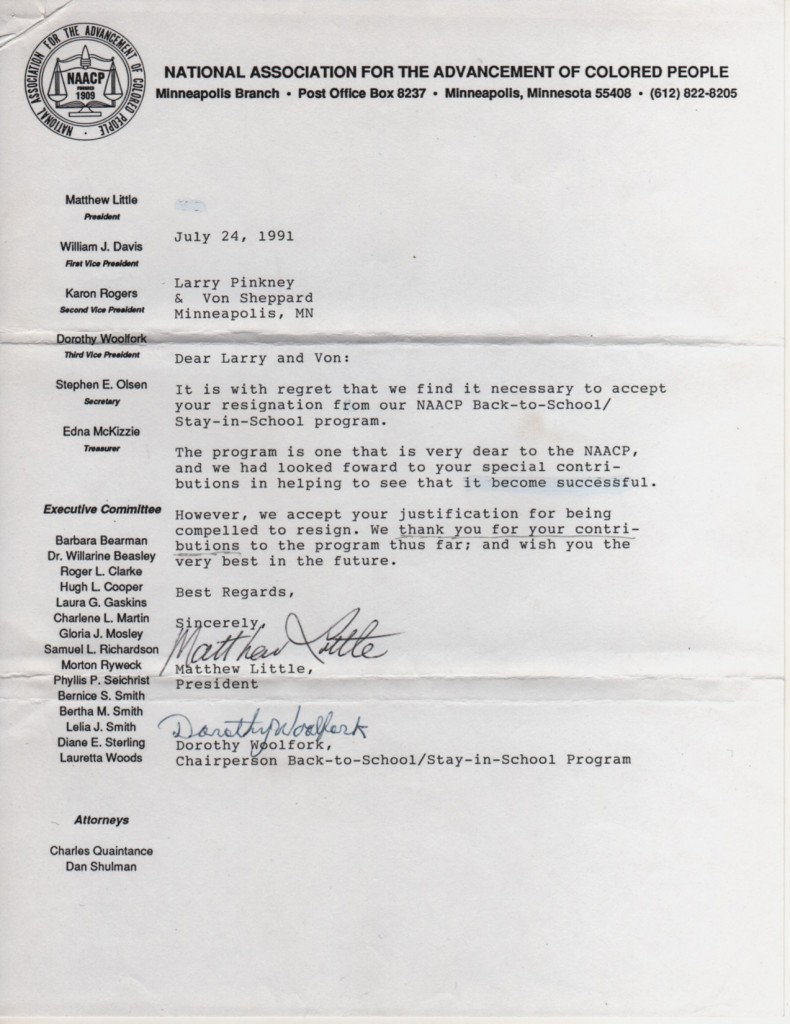 Image of July 24, 1991 letter from Matthew Little to Larry Pinkney and Von Sheppard